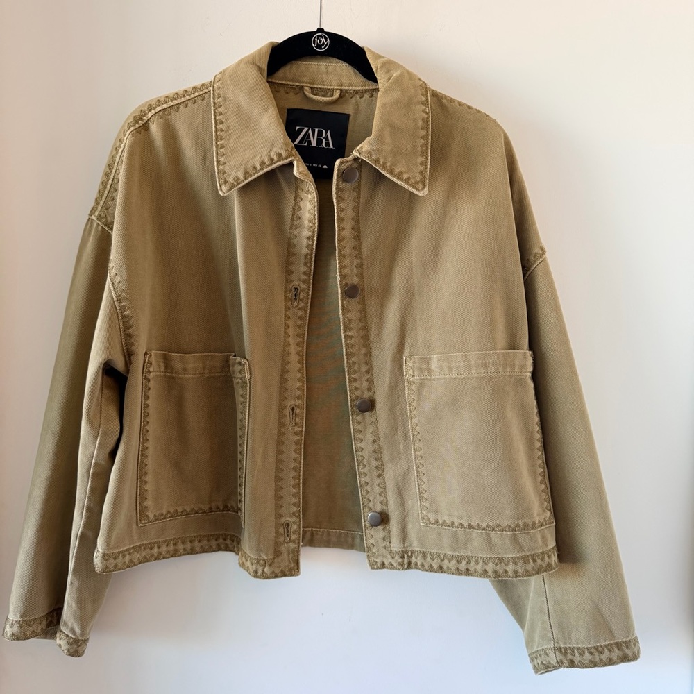 ZARA Oversized Cotton Utility Overshirt Khaki Green Topstitch Jacket Size Small - Picture 6 of 10